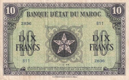 Maroc 10 Francs - 01-03-1944 - TTB  - Série Z.836 - P.25