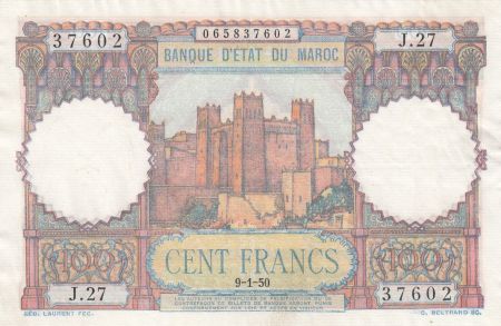 Maroc 100 Francs - Ksar d\'Aït-ben-haddou - 09-01-1950 - SUP - Série J.27 - P.45