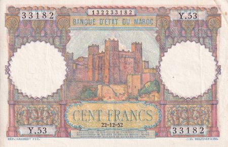 Maroc 100 Francs - Ksar d\'Aït-ben-haddou - 22-12-1952 - TTB+ - Série Y.53 - P.45