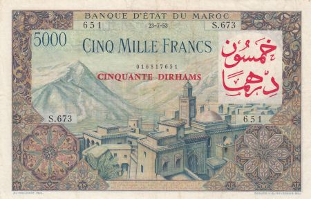 Maroc 50 Dirhams sur 5000 Francs surchargé  02-04-1953 - Série C.673 - TTB - P.51