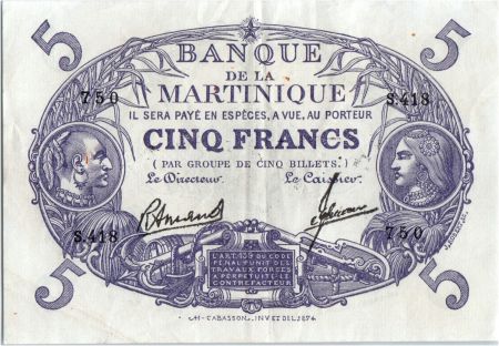 Martinique 5 Francs Cabasson, Violet - 1901 (1946) Série S.418