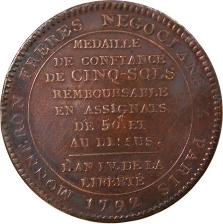 MONNAIE DE CONFIANCE - MONNERON 5 SOLS AU SERMENT 1792 L\'AN IV