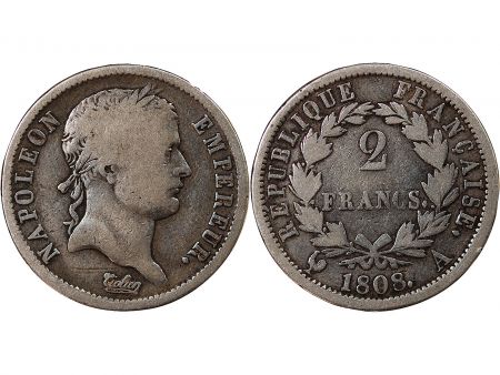 NAPOLEON Ier - 2 FRANCS ARGENT 1808 A PARIS Type République