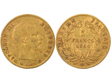 NAPOLEON III - 5 FRANCS OR 1860 BB STRASBOURG