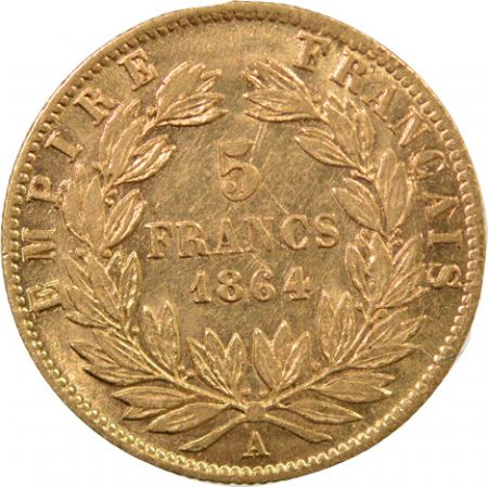 NAPOLEON III - 5 FRANCS OR 1864 A PARIS