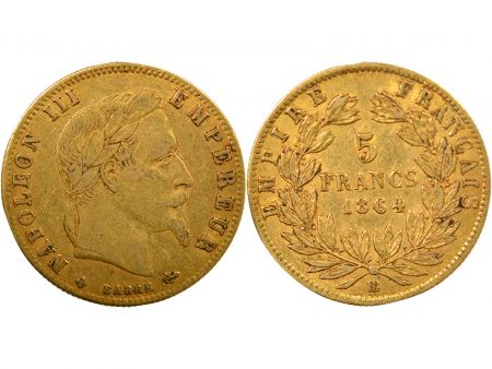 NAPOLEON III - 5 FRANCS OR 1864 BB STRASBOURG