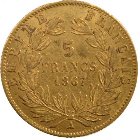 NAPOLEON III - 5 FRANCS OR 1867 A PARIS