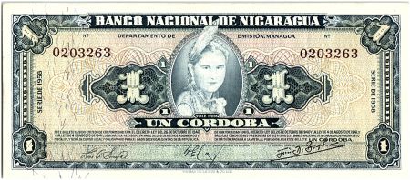 Nicaragua 1 Cordoba Femme indienne - 1958 - SUP - P.99 - numéro marron