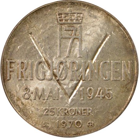 Norvège Olav V - 25 Kroner Argent, Libération - 1970 Kongsberg