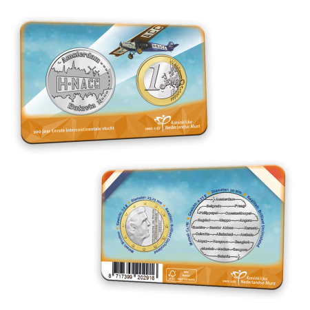 Pays-Bas 1e Vol intercontinental Amsterdam Jakarta - Coincard 1 euro 2024 + médaille