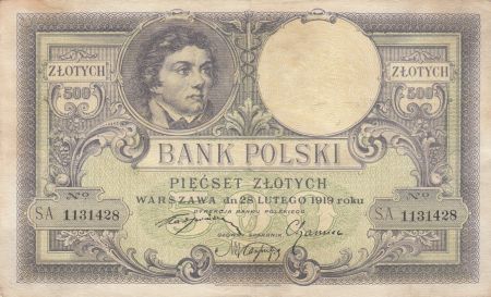 Pologne 500 Zlotych - T. Kosciuszko - Aigle couronné - 28-02-1919 - Série S.A.1131428