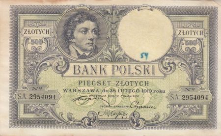 Pologne 500 Zlotych - T. Kosciuszko - Aigle couronné - 28-02-1919 - Série S.A.2954094