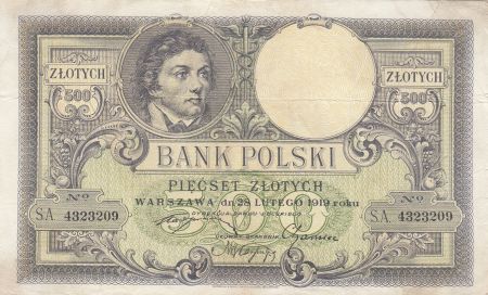 Pologne 500 Zlotych - T. Kosciuszko - Aigle couronné - 28-02-1919 - Série S.A.4323209