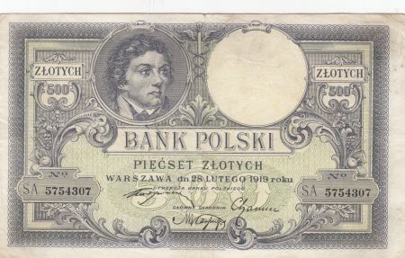 Pologne 500 Zlotych - T. Kosciuszko - Aigle couronné - 28-02-1919 - Série S.A.5754307