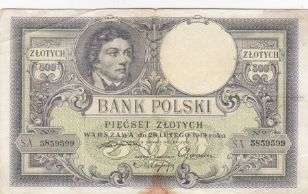 Pologne 500 Zlotych - T. Kosciuszko - Aigle couronné - 28-02-1919 - Série S.A.5859599