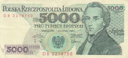 Pologne 5000 Zlotych 1988 - F. Chopin - Série DB