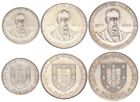 Portugal Série 3 pièces - 2.5, 5, 25 Escudos - Alexandre Herculano - 1977