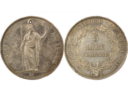 Royaume de Lombardie Gouvernement Provisoire - 5 Lire Argent - 1848 M Milan, Percé