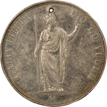 Royaume de Lombardie Gouvernement Provisoire - 5 Lire Argent - 1848 M Milan, Percé