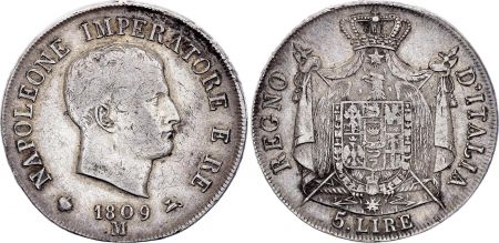 Royaume de Napoléon 5 lire Napoléon I - 1809 M Milan - Argent