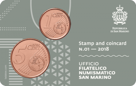 Saint-Marin 1 et 5 Centimes 2018 - Coincard n°01 + Timbre