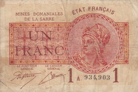 Sarre 1 Franc - Mines Dominiales de la Sarre - Type 1920 - Série A - VF.51.01