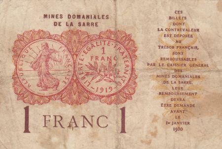 Sarre 1 Franc - Mines Dominiales de la Sarre - Type 1920 - Série A - VF.51.01