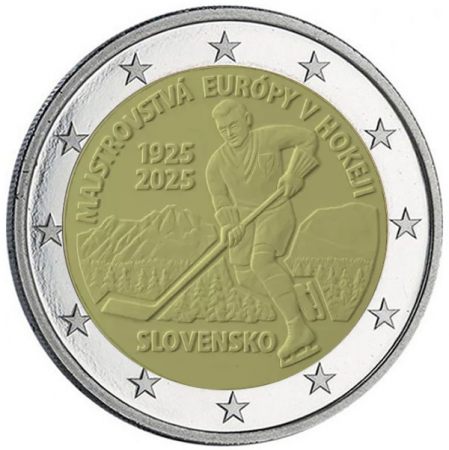 Slovaquie 2 Euros Commémo. UNC 2025 - 100 ans du 1e championnat dEurope de hockey sur glace en Slovaquie