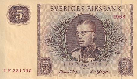 Suède 5 Kronor - Roi Gustaf VI - 1963 -  Série BE - P.50b