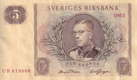 Suède 5 Kronor - Roi Gustaf VI - 1963 -  Série UR - P.50b