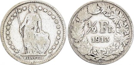 Suisse 1/2 Franc Helvetia - 1913 - B Bern - Argent