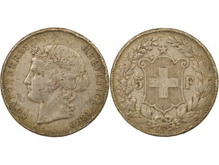 Suisse 5 Francs Argent, Tête d\'Helvetia - 1890 B Berne