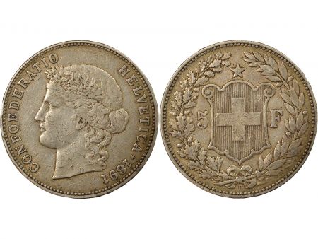 Suisse 5 Francs Argent, Tête d\'Helvetia - 1891 B Berne