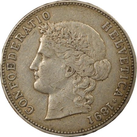 Suisse 5 Francs Argent, Tête d\'Helvetia - 1891 B Berne