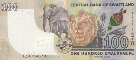 Swaziland 100 Emalangeni - Roi Mswati III - Animaux - 2017