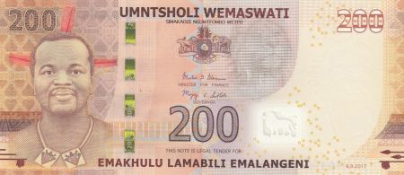 Swaziland 200 Emalangeni - Roi Mswati III - Animaux, village - 2017