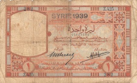 Syrie 1 Livre - Banque de Syrie et du Grand-Liban - Surcharge hybride - 1939