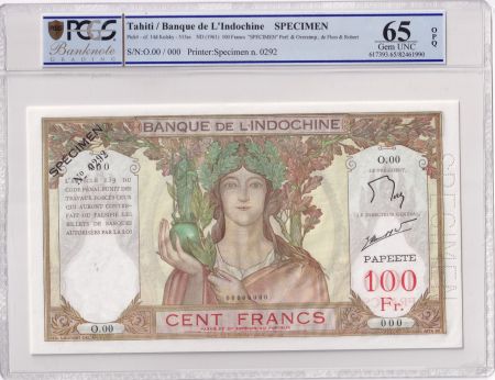 Tahiti 100 Francs - Ruines d\'Angkor - 1961 à 1965 - Spécimen - NEUF - PCGS 65 OPQ