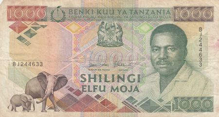 Tanzanie 1000 Schillingi - Président Mwinyi - Eléphants - 1990 - P.22