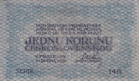 Tchécoslovaquie 1 Koruna - Bleu - 1919 - P.6a