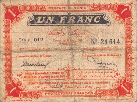 Tunisie 1 Franc - 27-04-1918 - Régence de Tunis