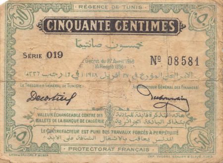 Tunisie 50 Centimes - 27-04-1918 - Régence de Tunis