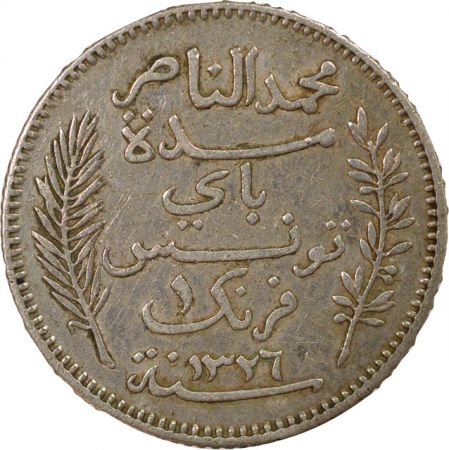 Tunisie Naceur Bey - 1 Franc Argent, Protectorat Français - 1326 AH Paris