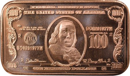 USA Lingot 100$ Benjamin Franklin - 1 Once Cuivre