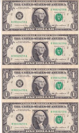 USA Planche non découpée de 4 billets de 1 Dollar - George Washington - 1985 - Lettre B