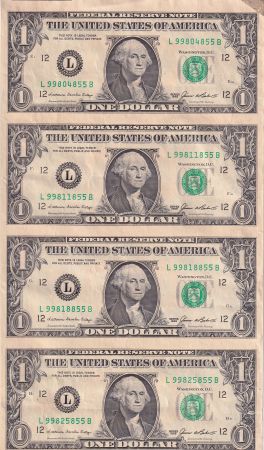 USA Planche non découpée de 4 billets de 1 Dollar - George Washington - 1985 - San Francisco (L)