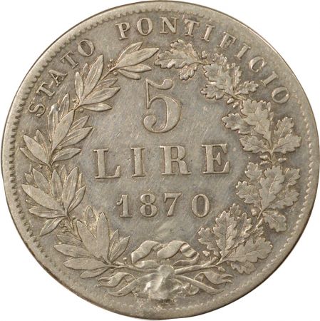 Vatican Pie IX - 5 Lire Argent - 1870, An XXV R Rome, Percé