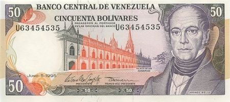 Venezuela 50 Bolivares A. Bello, Palais Las Academias - Banque Centrale